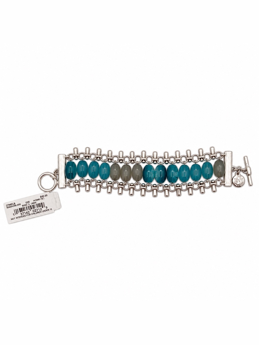 Jones New York Silver-Tone Teal Gray Beaded Statement Toggle Bracelet NWT